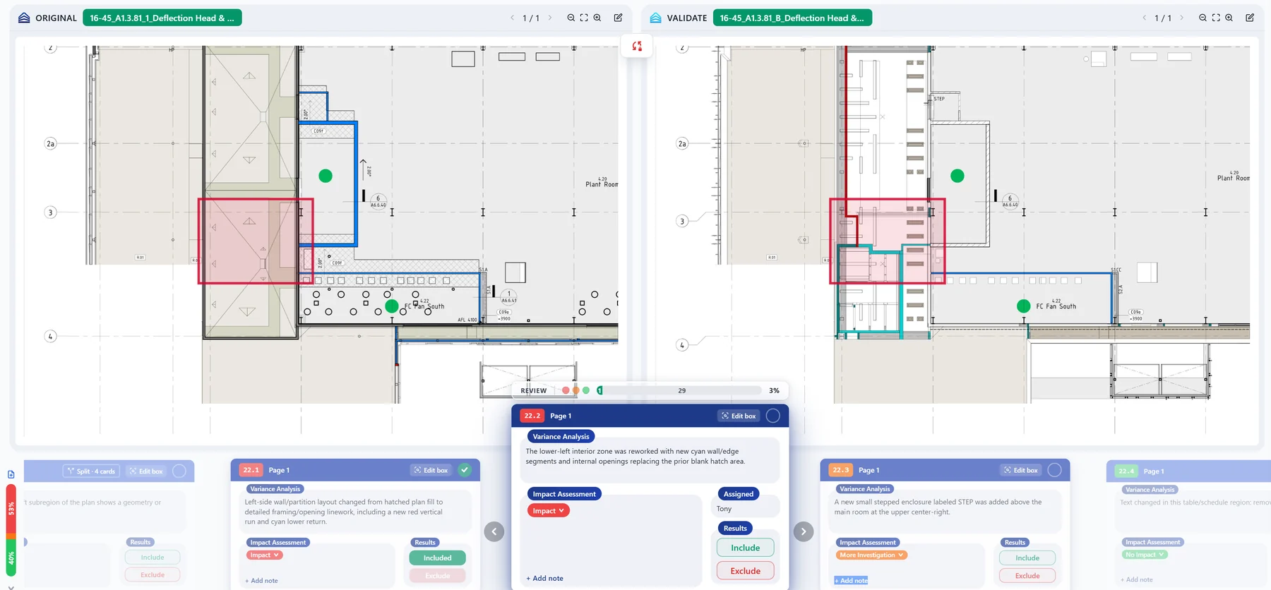 VariSolver comparing two revisions of a floor plan side by side, with the changed region boxed on both and a review card for each variance
